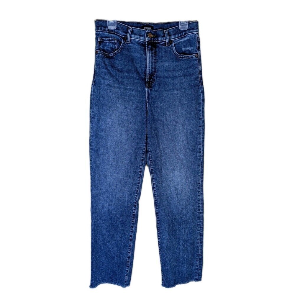 Express 8R High Rise Straight Jeans Women’s Raw Frayed Hem Stretch Denim